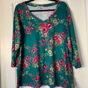 The Pioneer Woman Floral Boho Swing Top Green Pink Flowers 3/4 Sleeve XXL